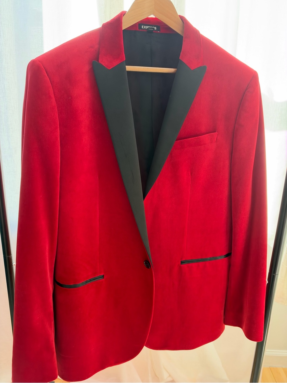 Express Red Velvet Blazer with Black Satin Lapels